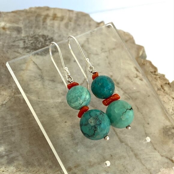 Sterling Silver 925 1.7" Faceted Turquoise Red Coral Beaded Dangle Drop Earrings - Picture 16 of 16